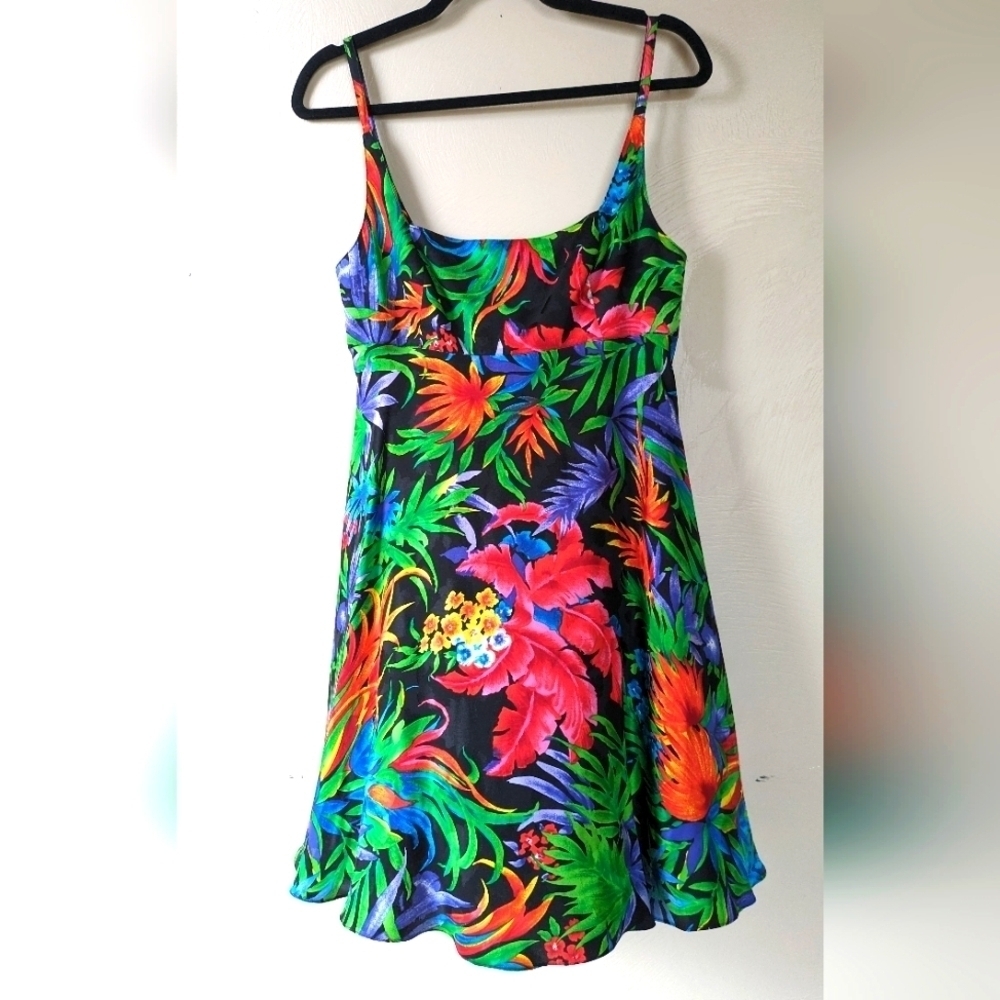 A.J. BARI Vintage 80s/90s 100% Silk Dress, Floral, Tropical, Size 10